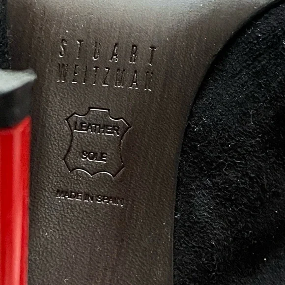 Stuart Weitzman Black Suede Pointed Slingback Heels with Red Buckle Accent - Picture 5 of 8